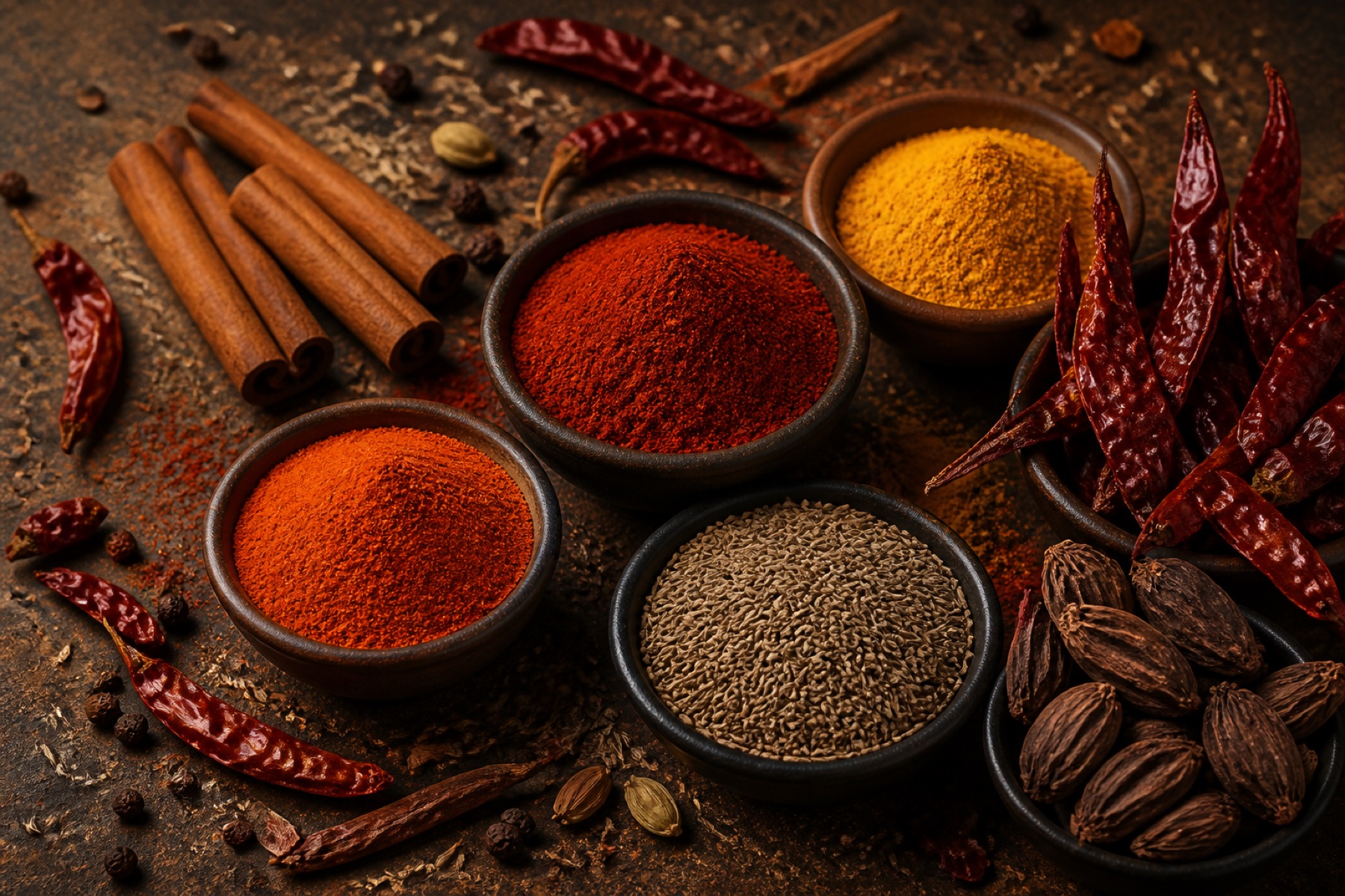Bowls of turmeric, chilli and whole spices on a warm surface